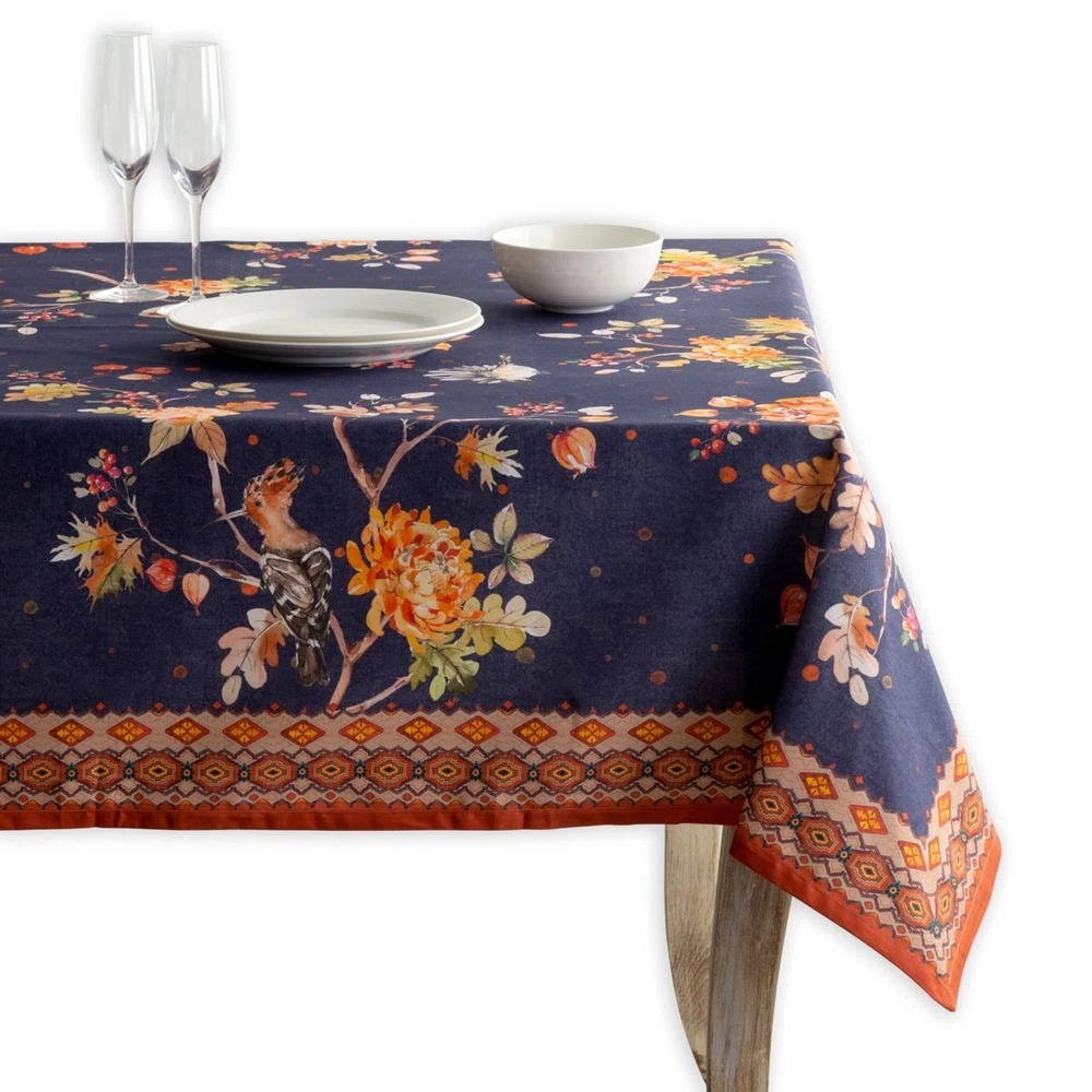 Maison d'Hermine Kelim Infinity Cotton Tablecloth Navy Floral Birds Fall 70x108"